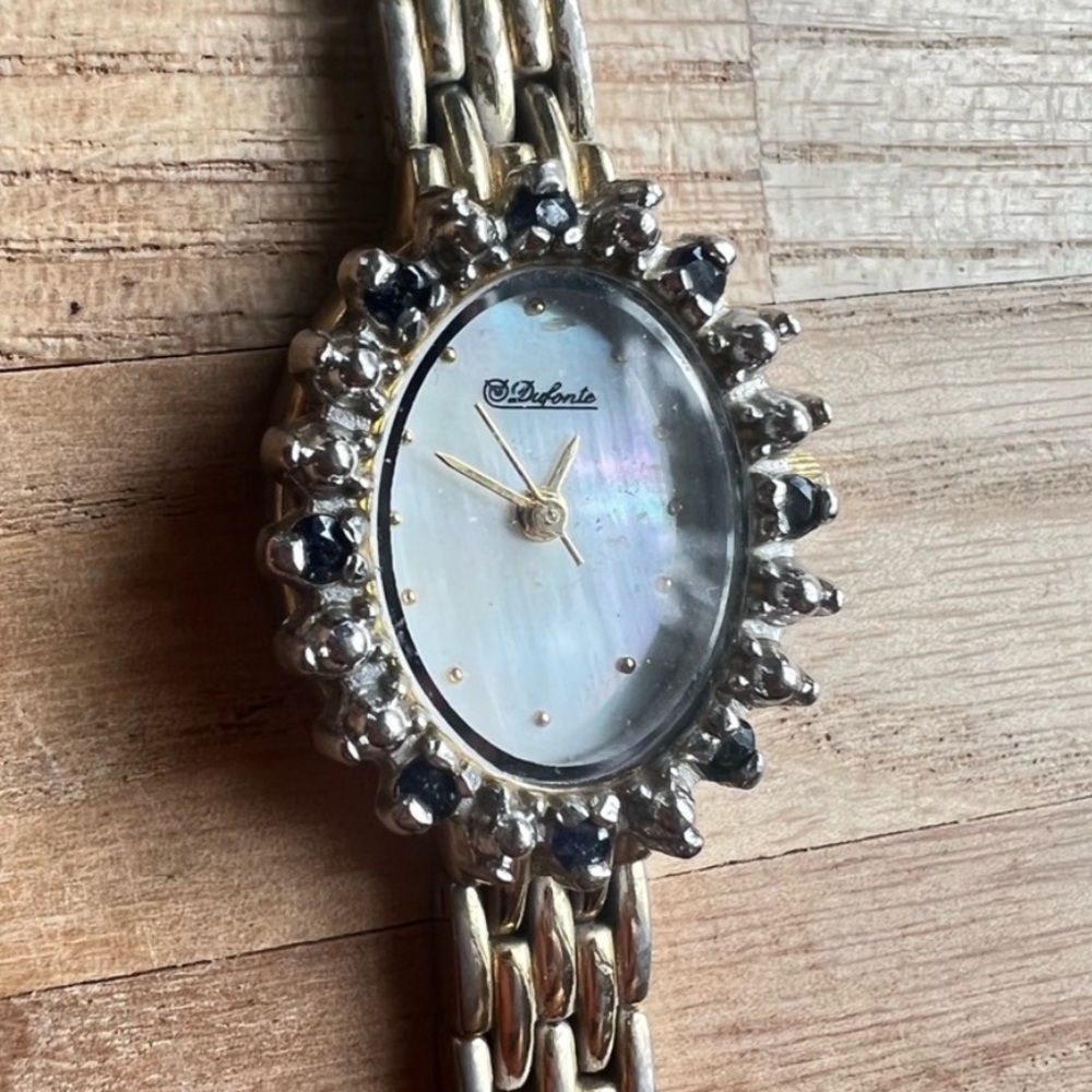 Dufonte ladies blue sapphires oval gold tone dress watch NEW BATTERY